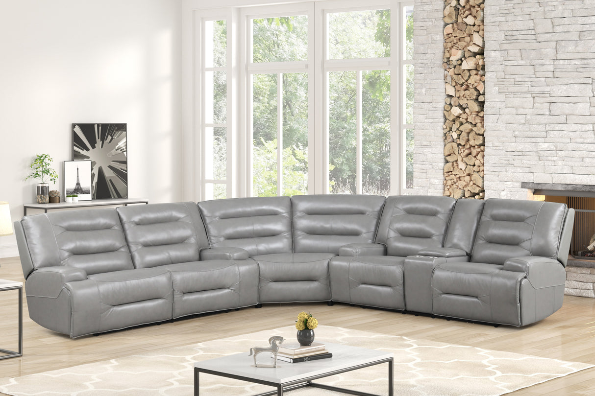 3 Piece Modern Gray Top Grain Leather Power Reclining Sectional with Console & Cup Holders by Sara Collections | Bel Furniture
