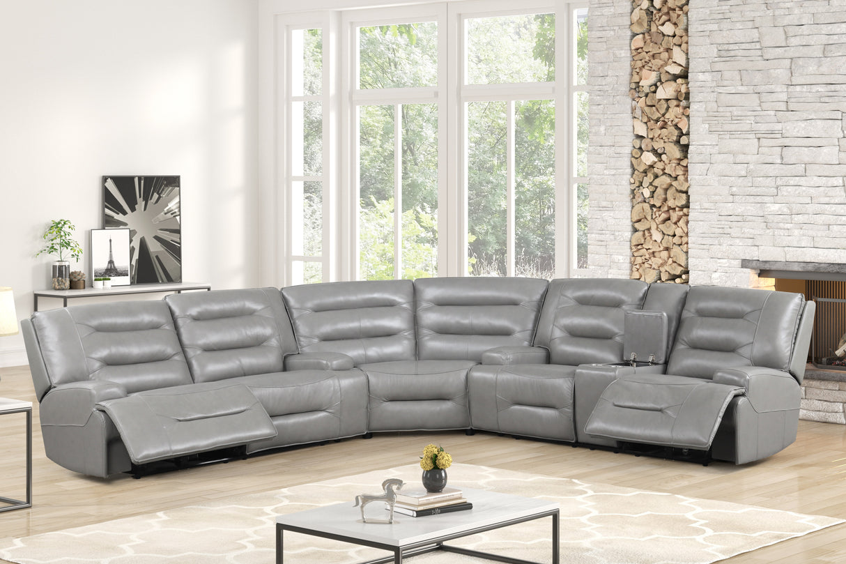 3 Piece Modern Gray Top Grain Leather Power Reclining Sectional with Console & Cup Holders by Sara Collections | Bel Furniture