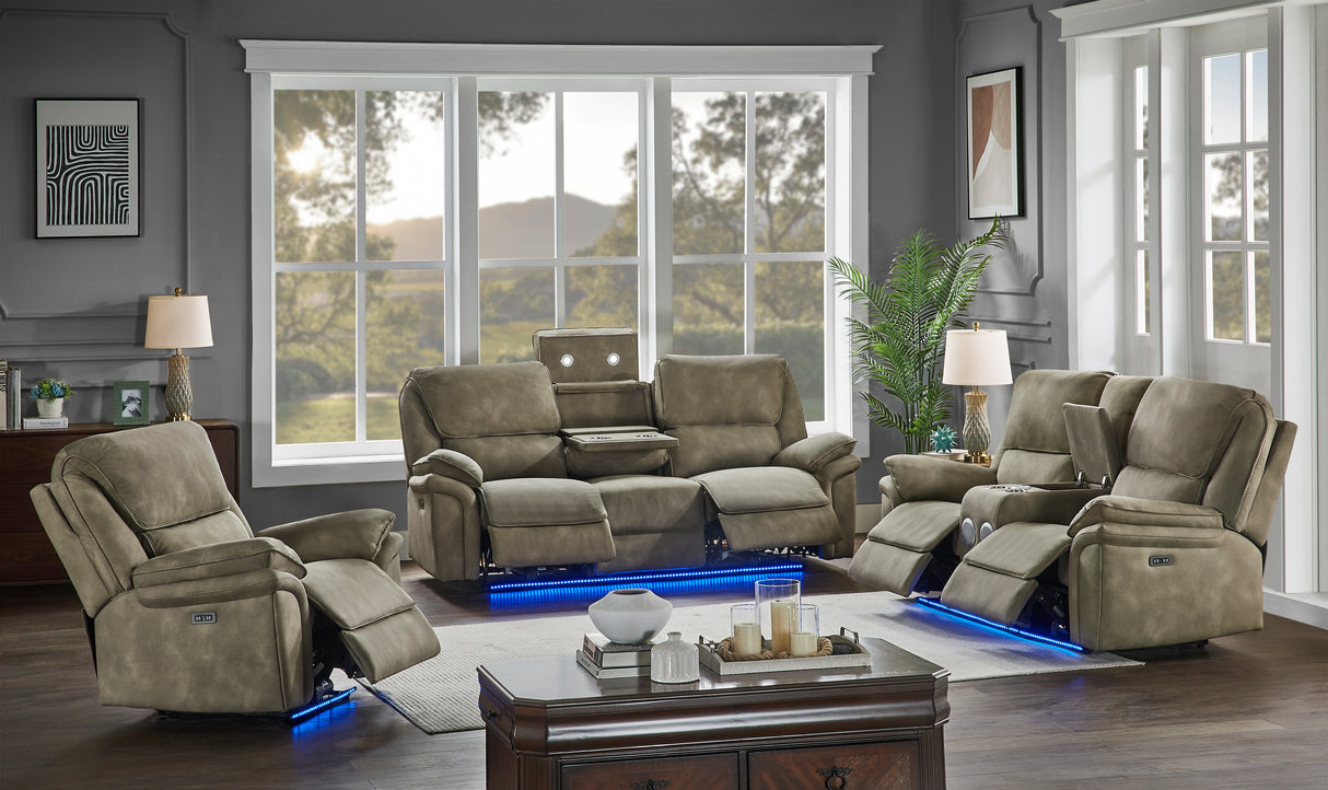 Gray recliner sofa set in a living room with large windows.