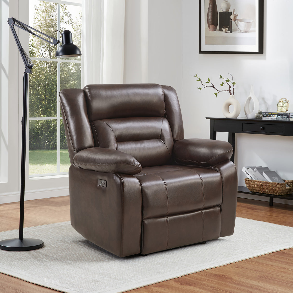 Brown Power Recliner Chair with Pillow Armrests and Plush Backseat
