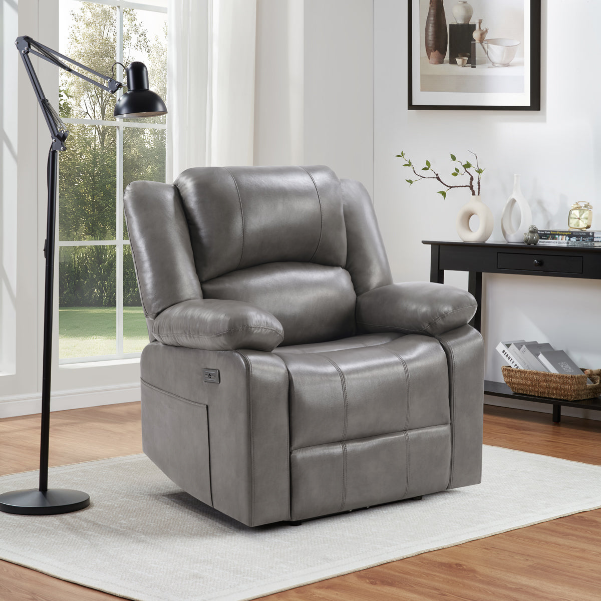 Power Recliner with Overstuffed Back & USB Port - Gray