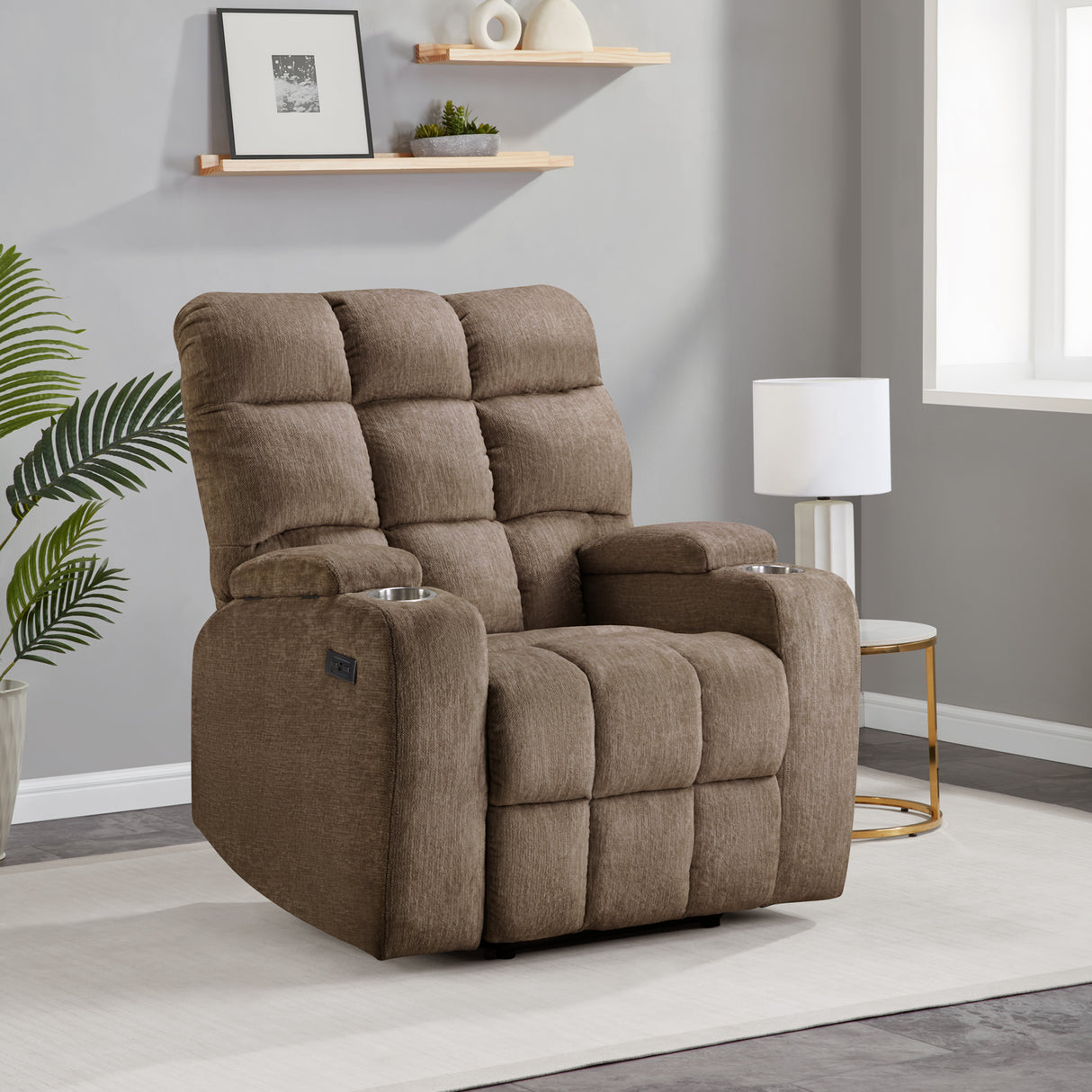 Power Recliner with Cup Holders and USB Charging - Light Brown by Sara Collections | Bel Furniture