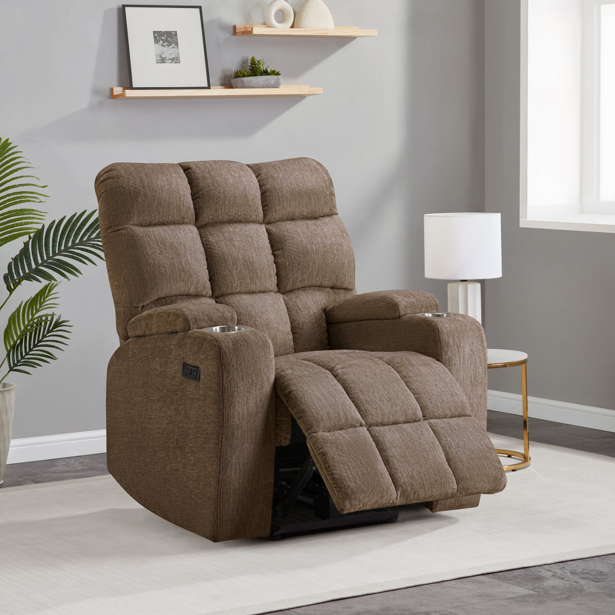 Power Recliner with Cup Holders and USB Charging - Light Brown by Sara Collections | Bel Furniture