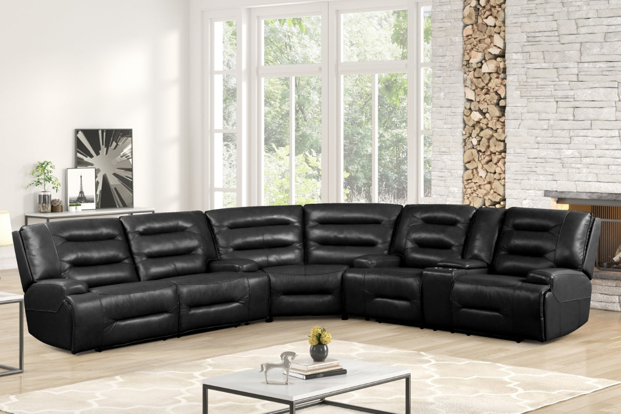 Modern Black Power Reclining Sectional Sofa with Console - Top Grain Leather by Sara Collections | Bel Furniture