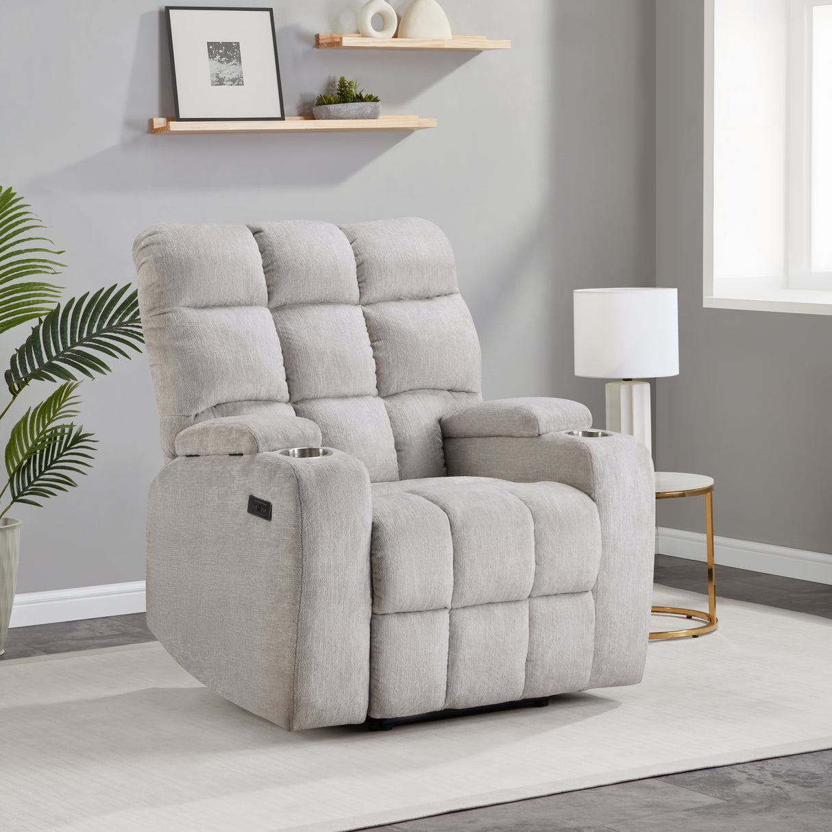 Power Recliner with Cup Holders and USB Charging - Beige by Sara Collections | Bel Furniture