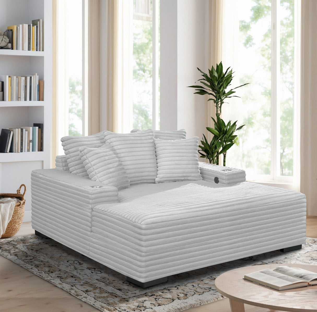 Modern Grey Velvet Chaise Lounge with Cup Holders and USB Charging Port by Sara Collections | Bel Furniture