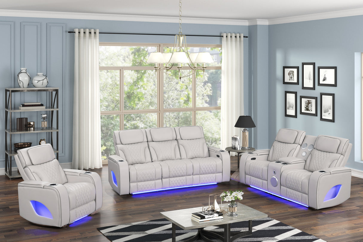 Modern Ice Grey 3-Piece Power Reclining Set w/ Power Headrests, LED Lighting, Wireless Charging, Bluetooth Speakers + USB Ports