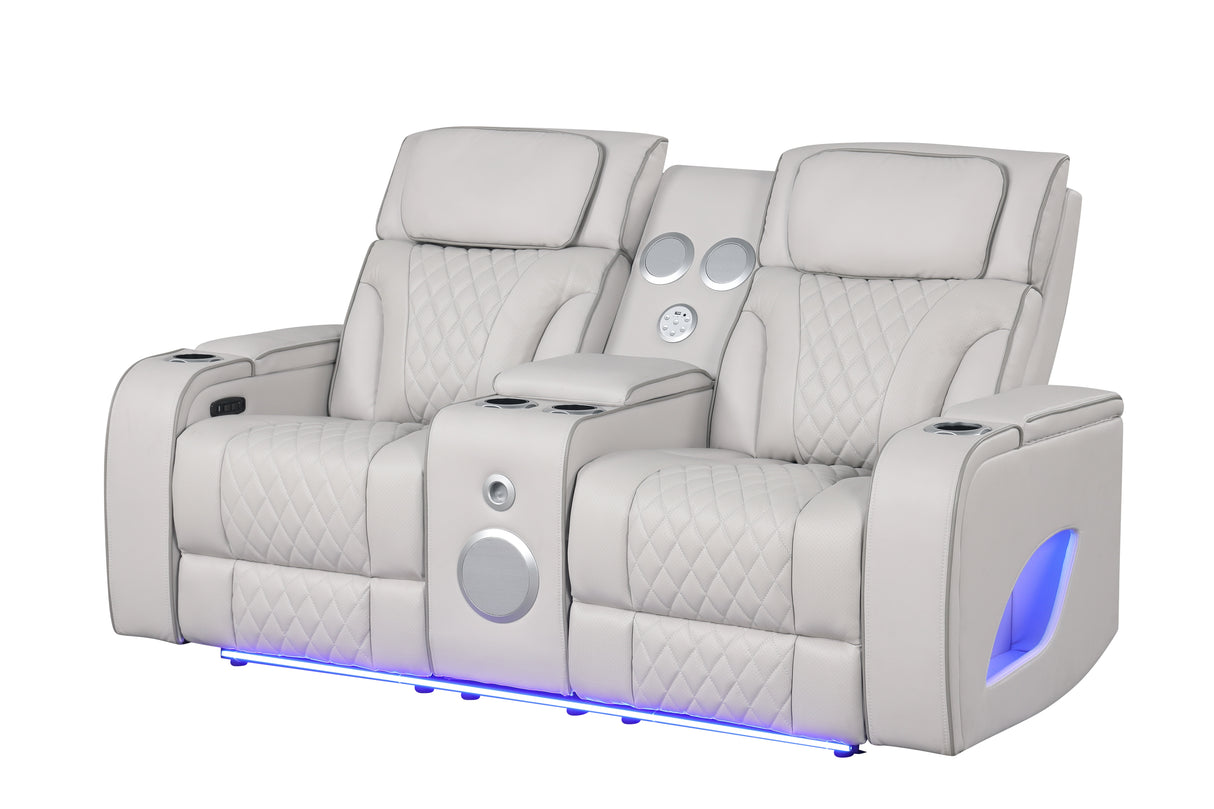 Modern Ice Grey 3-Piece Power Reclining Set w/ Power Headrests, LED Lighting, Wireless Charging, Bluetooth Speakers + USB Ports