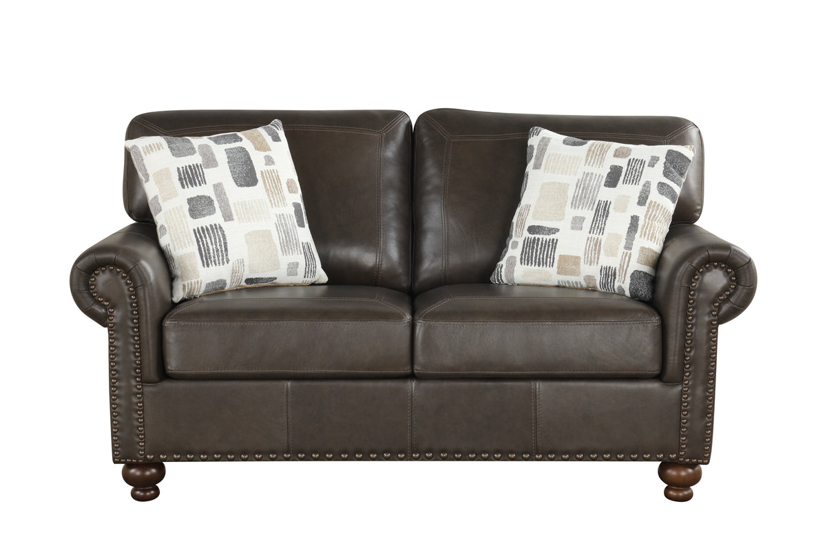 Chocolate Top-Grain Leather Stationary Living Room Set – Sofa, Loveseat, Chair & Ottoman