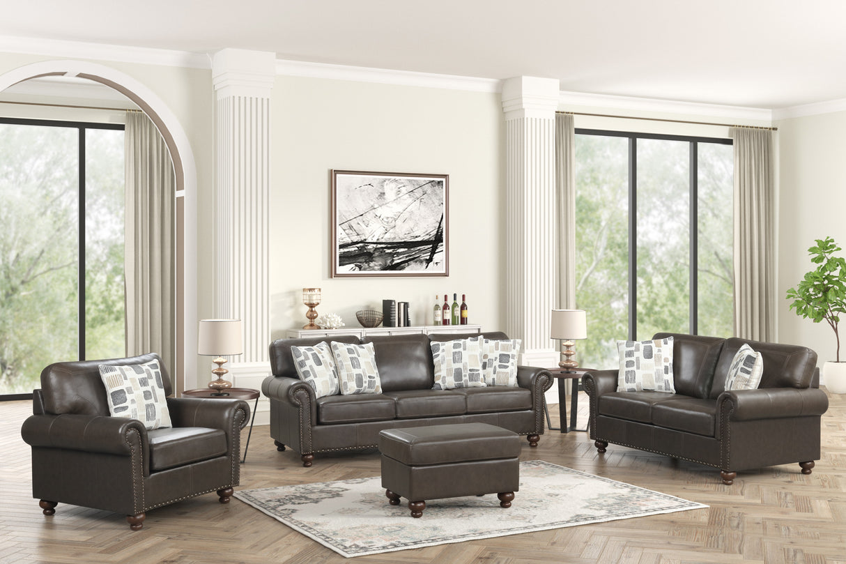 Chocolate Top-Grain Leather Stationary Living Room Set – Sofa, Loveseat, Chair & Ottoman