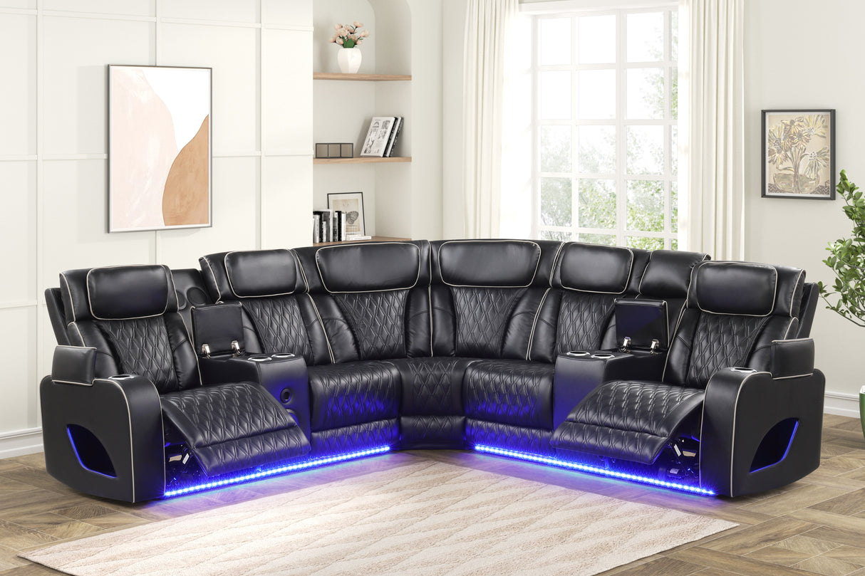 Black Power Reclining Sectional w/ Massage, LED, Bluetooth Speakers & Wireless Charging