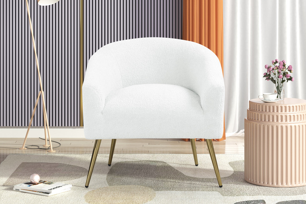 Modern Boucle Accent Chair in White with Gold Metal Legs by Sara Collections | Bel Furniture