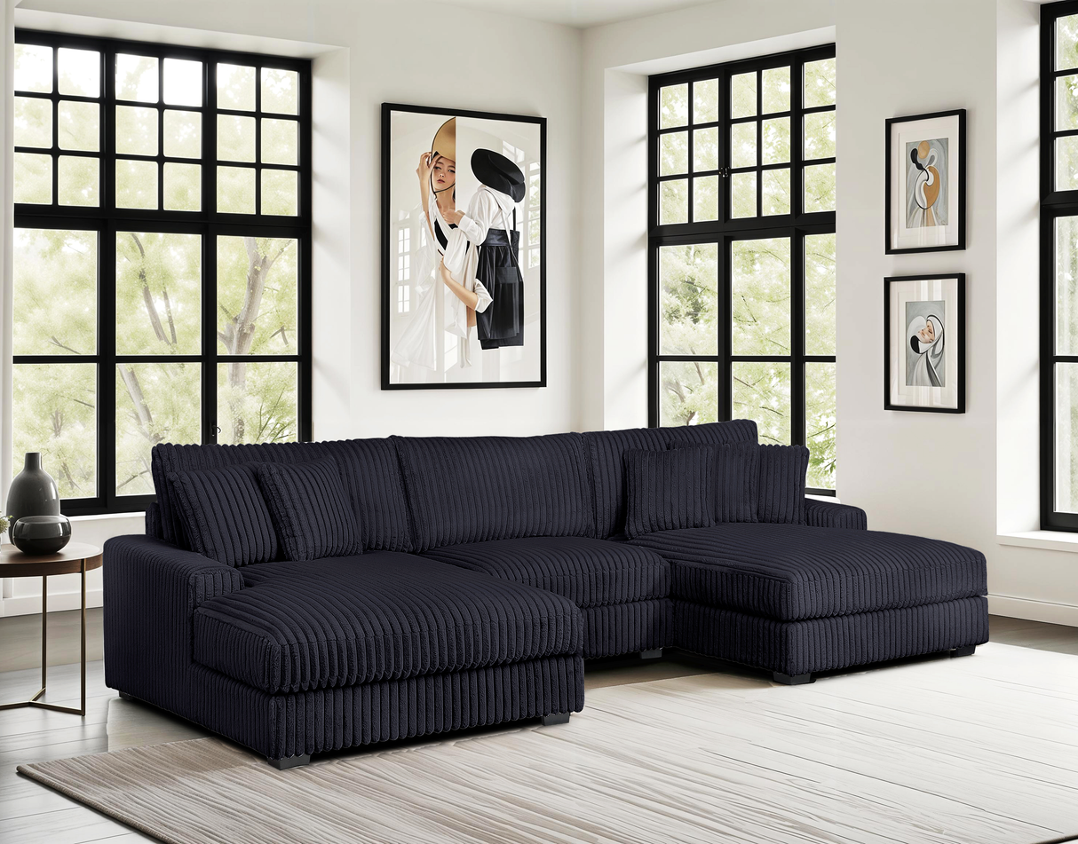 Midnight Black Corduroy 3-Piece Double-Chaise Sectional Sofa