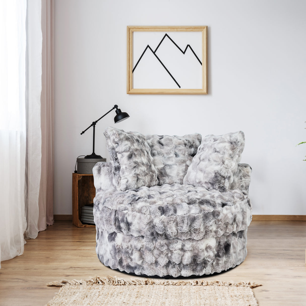 Luxurious Faux Fur Round Swivel Chair with Pillows - Bubble Cement by Sara Collections | Bel Furniture