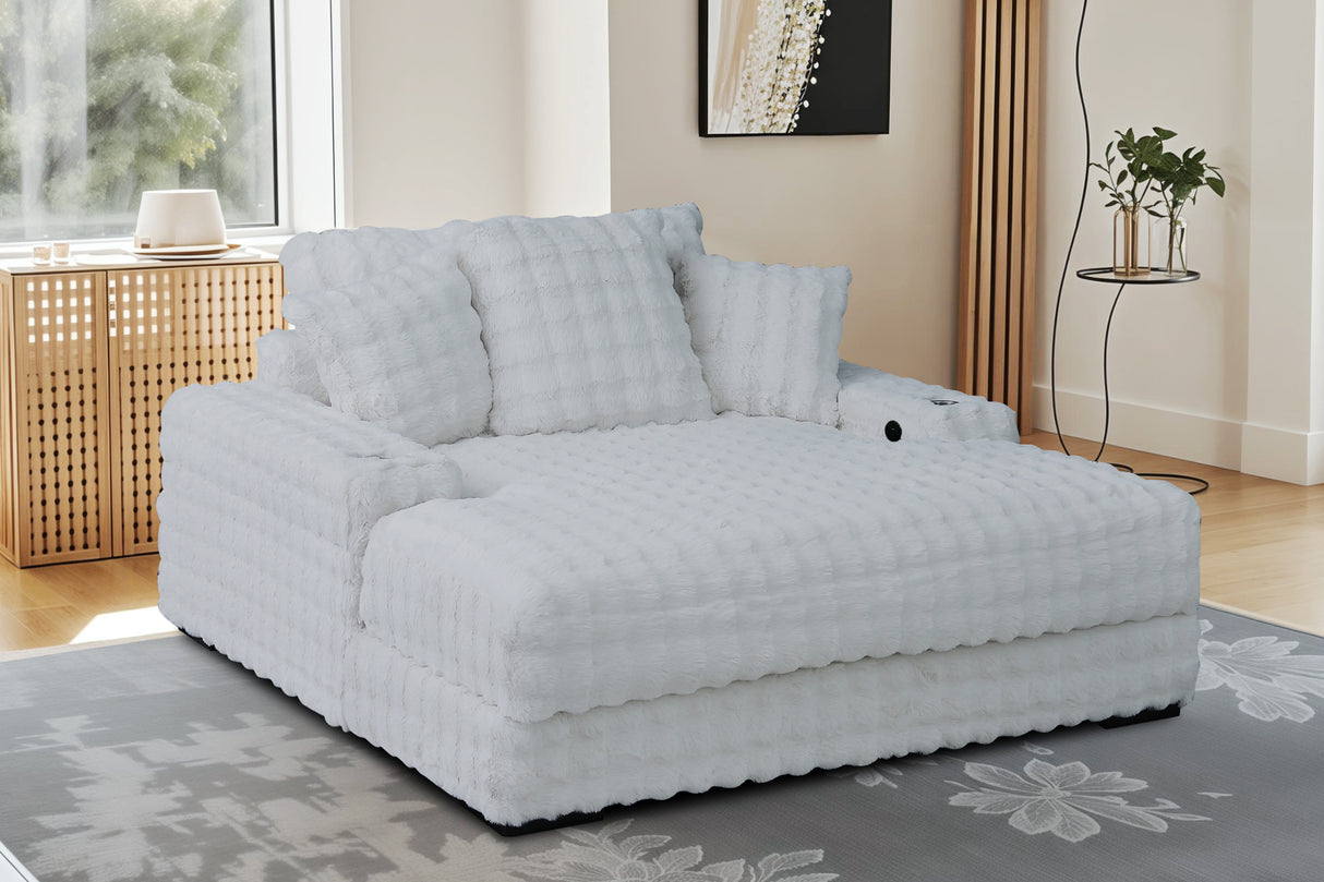 Cream Velvet Chaise Lounge with Dual Cupholders & USB Charging Ports