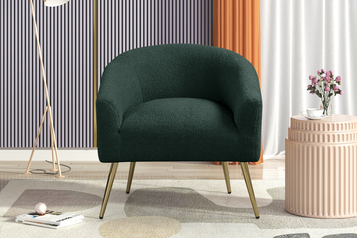 Dark Green Boucle Barrel Accent Chair with Gold Metal Legs by Sara Collections | Bel Furniture
