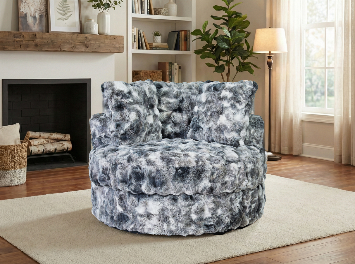 Gray Faux Fur Swivel Accent Chair with Plush Pillows