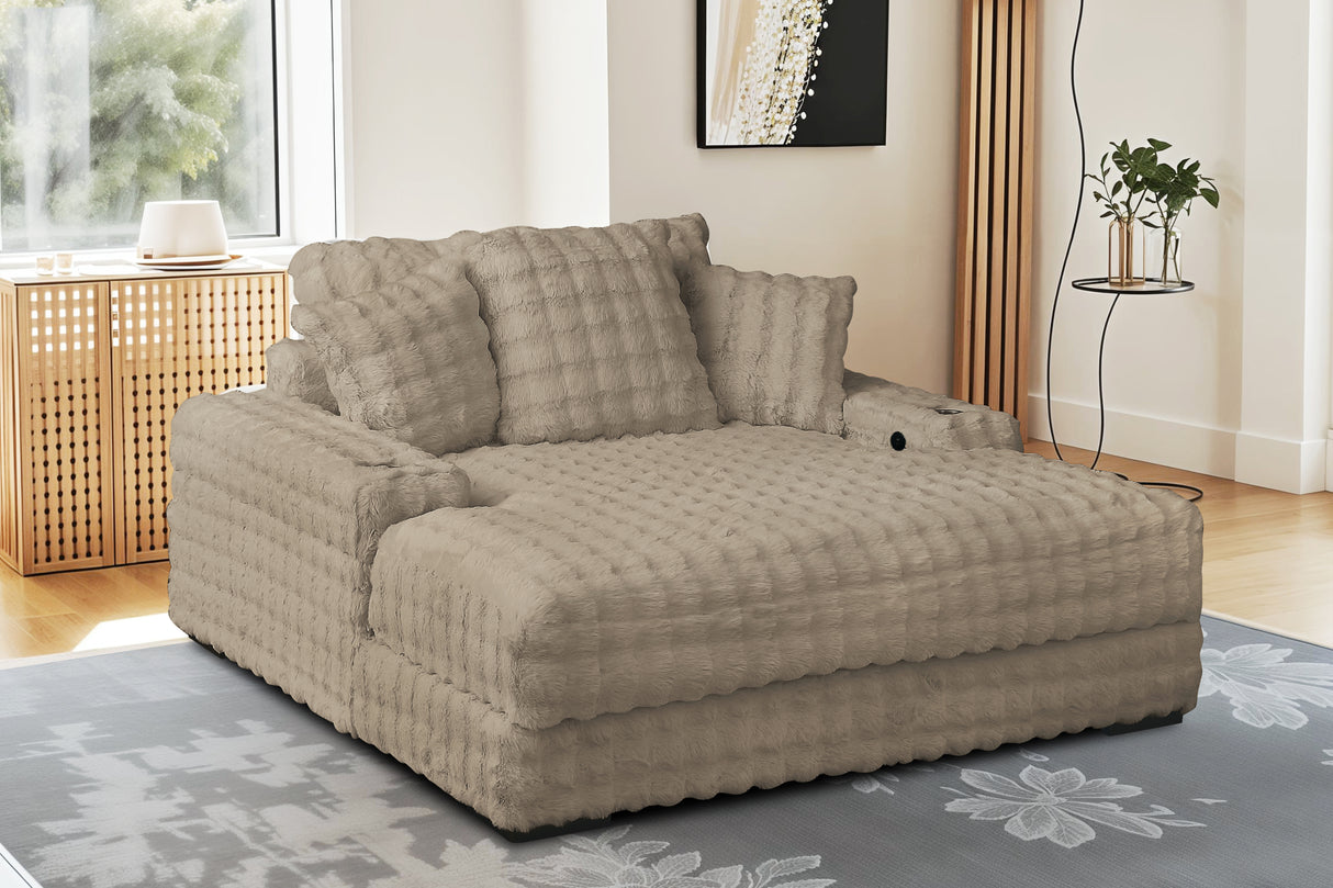 Camel Velvet Chaise Lounge with Dual Cupholders & USB Charging Ports