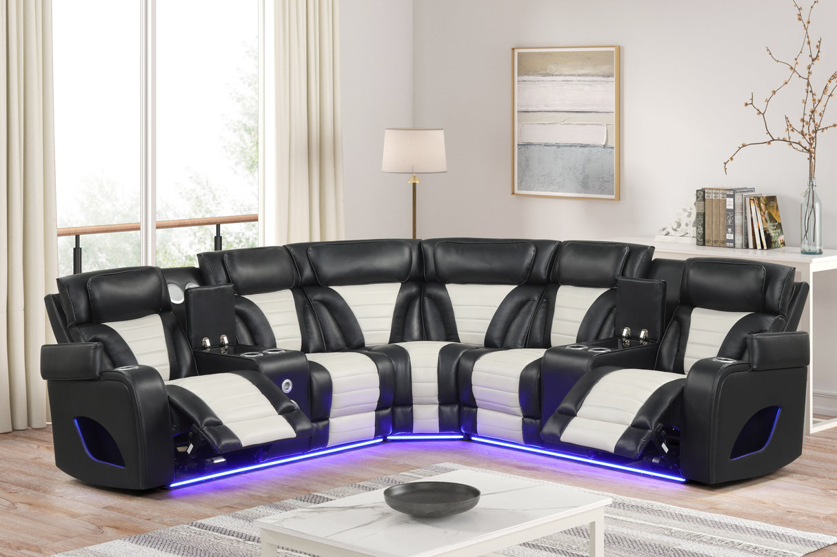 Two-Tone Curved Power Reclining Sectional with LED Lights, Cup Holders, USB & Built-In Speakers