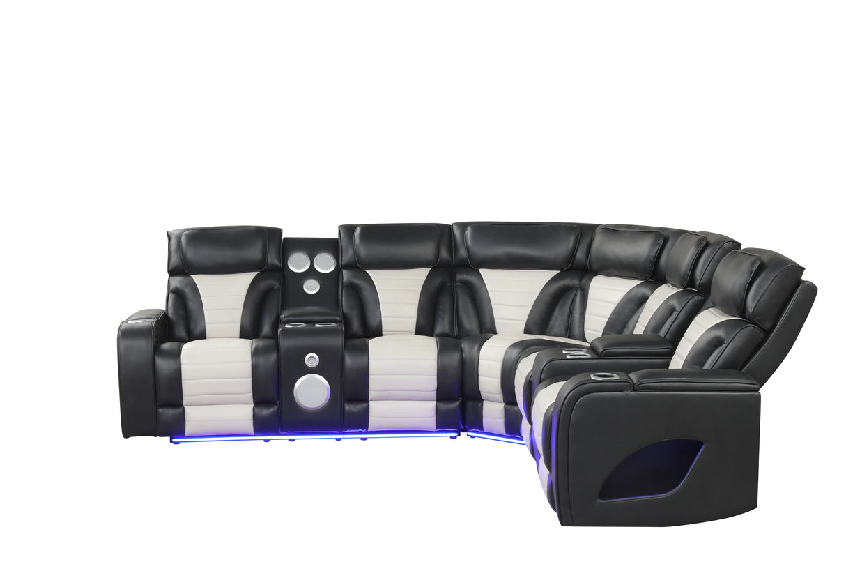 Two-Tone Curved Power Reclining Sectional with LED Lights, Cup Holders, USB & Built-In Speakers