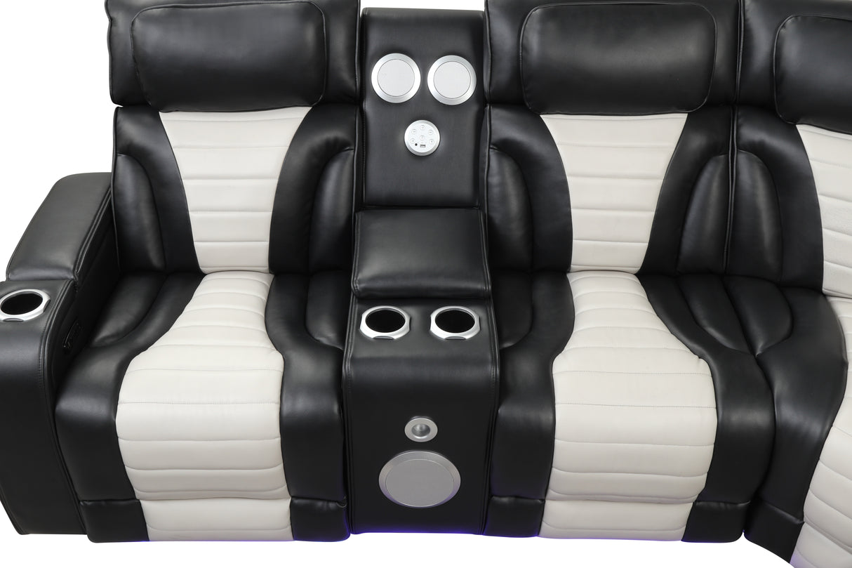 Two-Tone Curved Power Reclining Sectional with LED Lights, Cup Holders, USB & Built-In Speakers
