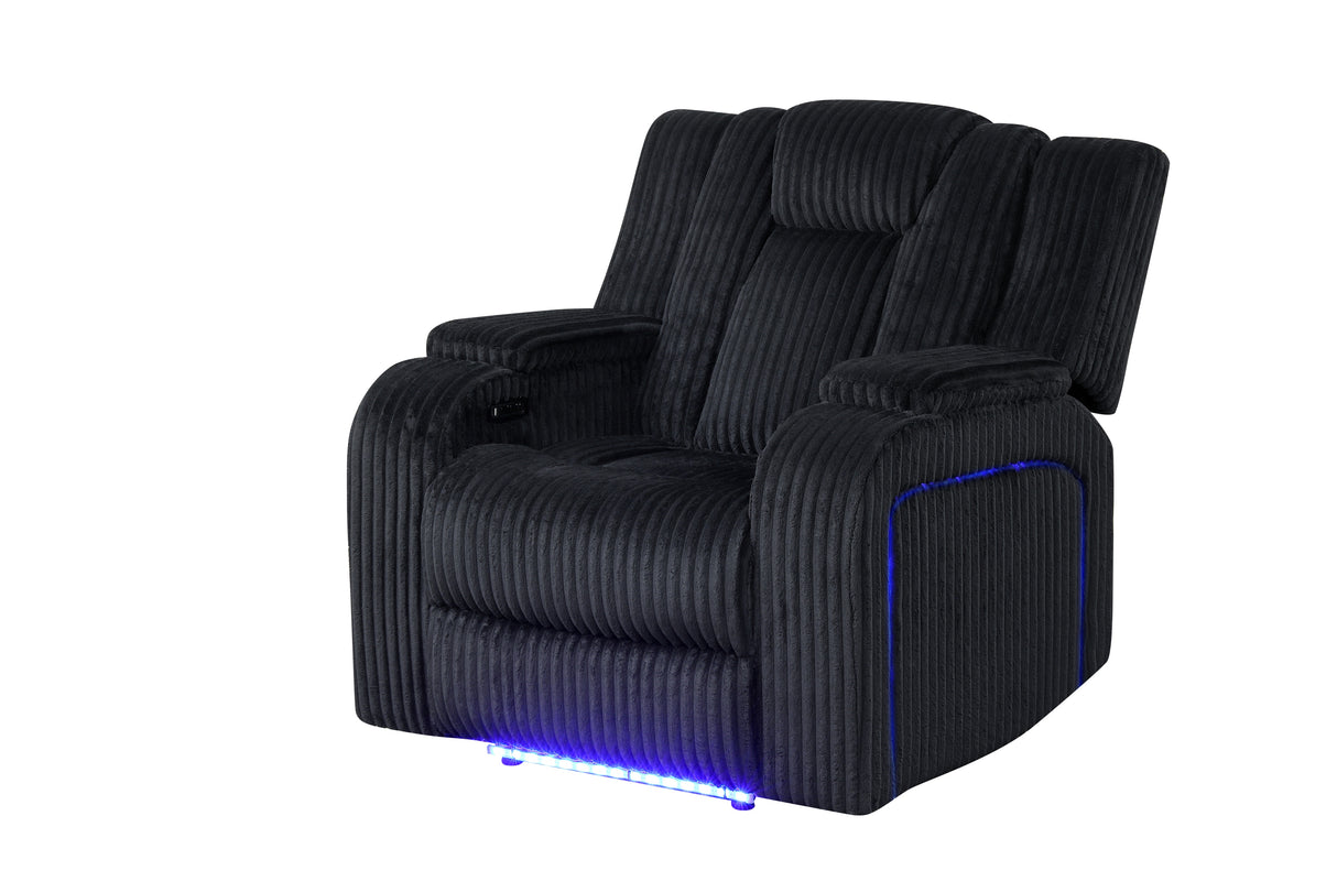 Black Corduroy Power Reclining 3-Piece Living Room Set with LED Lights, Speakers & Charging