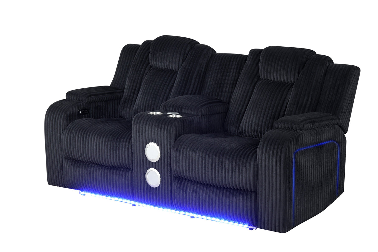 Black Corduroy Power Reclining 3-Piece Living Room Set with LED Lights, Speakers & Charging