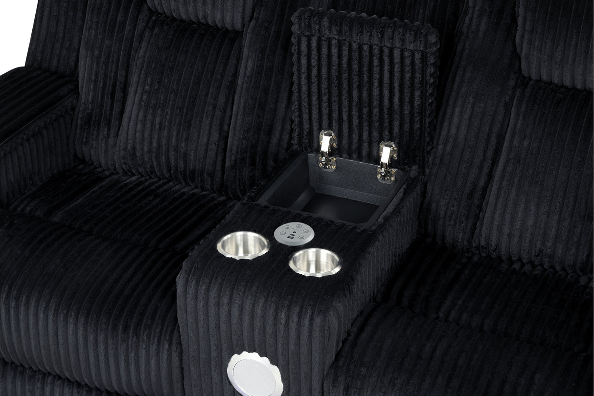 Black Corduroy Power Reclining 3-Piece Living Room Set with LED Lights, Speakers & Charging