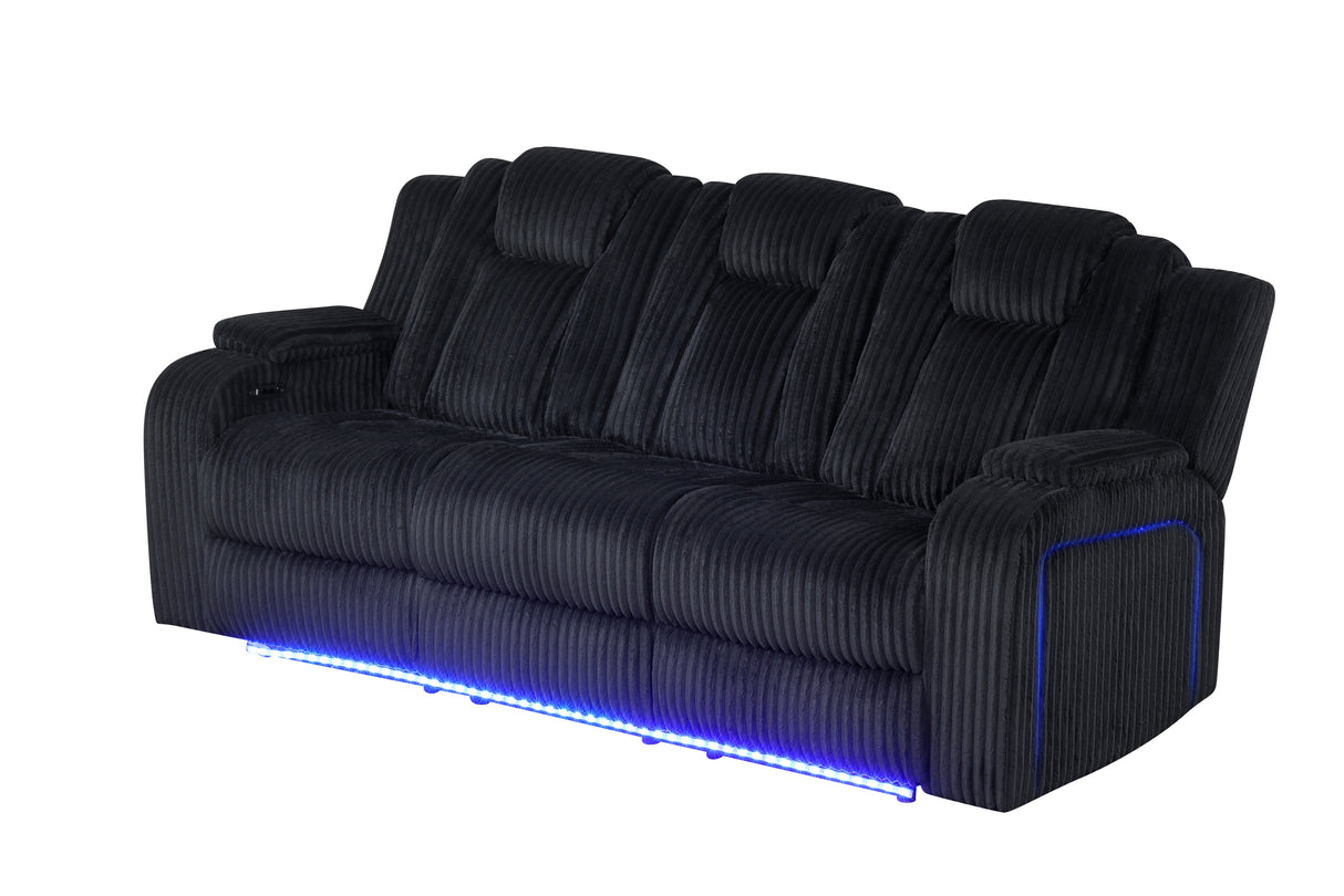 Black Corduroy Power Reclining 3-Piece Living Room Set with LED Lights, Speakers & Charging