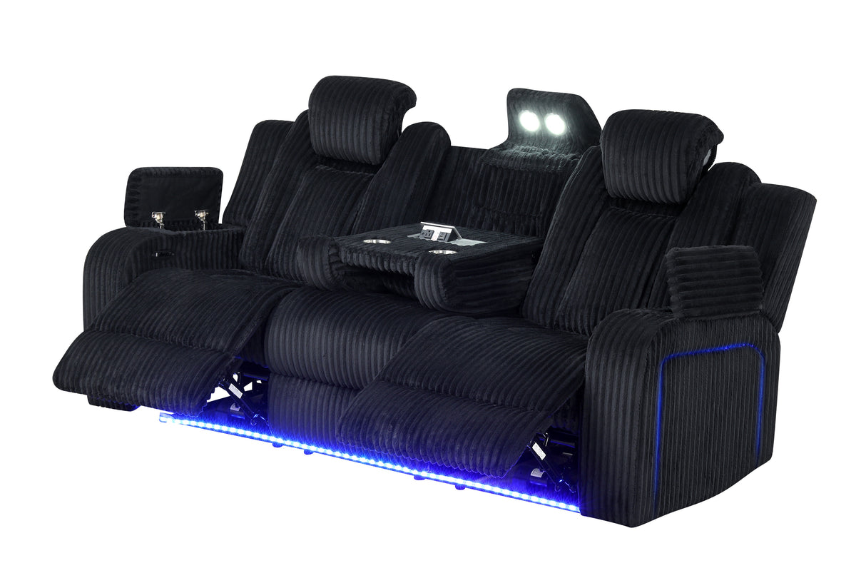 Black Corduroy Power Reclining 3-Piece Living Room Set with Power Headrests, LED Lights, Speakers & Charging