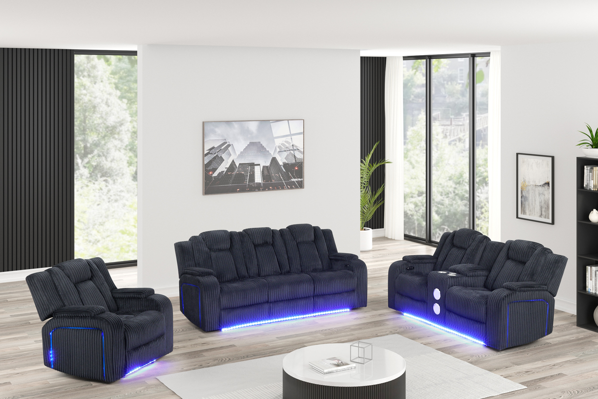 Black Corduroy Power Reclining 3-Piece Living Room Set with LED Lights, Speakers & Charging
