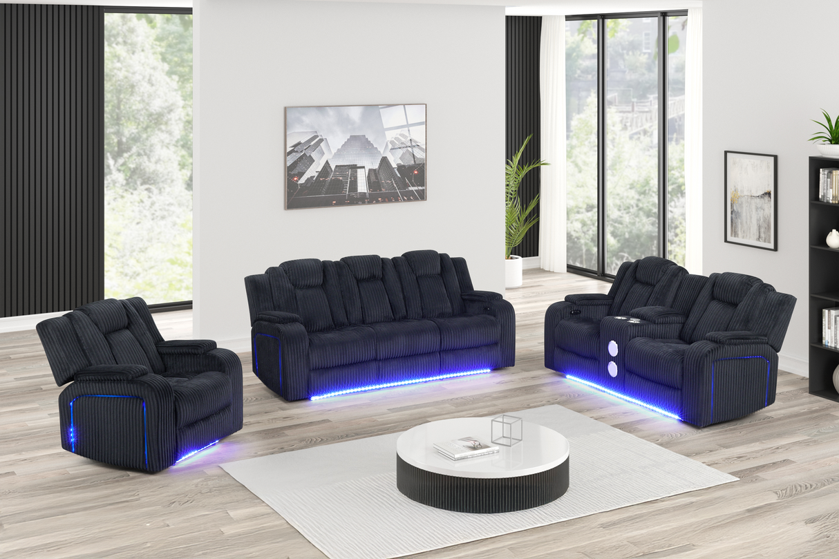 Black Corduroy Power Reclining 3-Piece Living Room Set with Power Headrests, LED Lights, Speakers & Charging