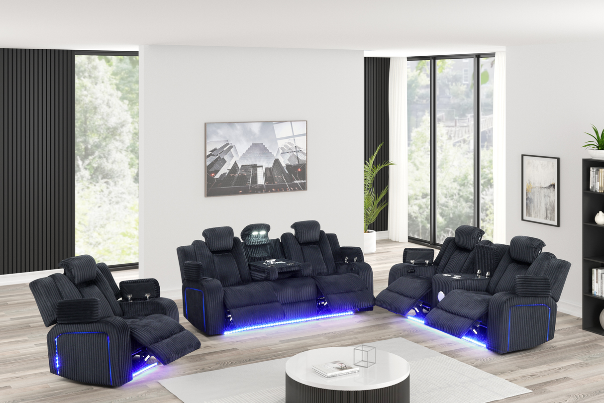 Black Corduroy Power Reclining 3-Piece Living Room Set with LED Lights, Speakers & Charging