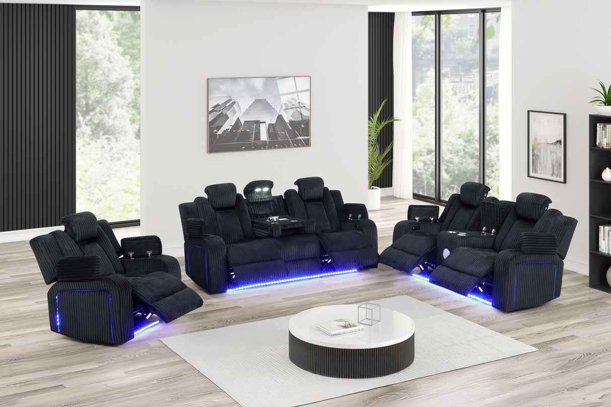 Black Corduroy Power Reclining 3-Piece Living Room Set with Power Headrests, LED Lights, Speakers & Charging
