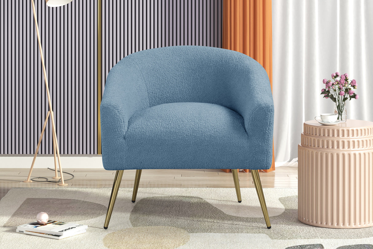 Blue Boucle Barrel Accent Chair with Gold Metal Legs by Sara Collections | Bel Furniture