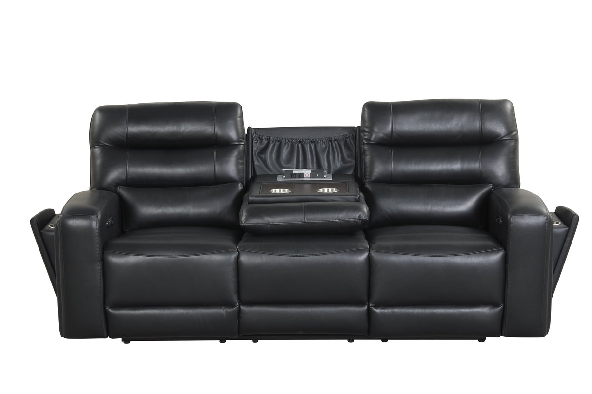 Black Top Grain Leather 3-Piece Dual Power Reclining Living Room Set with Hidden Cup Holders