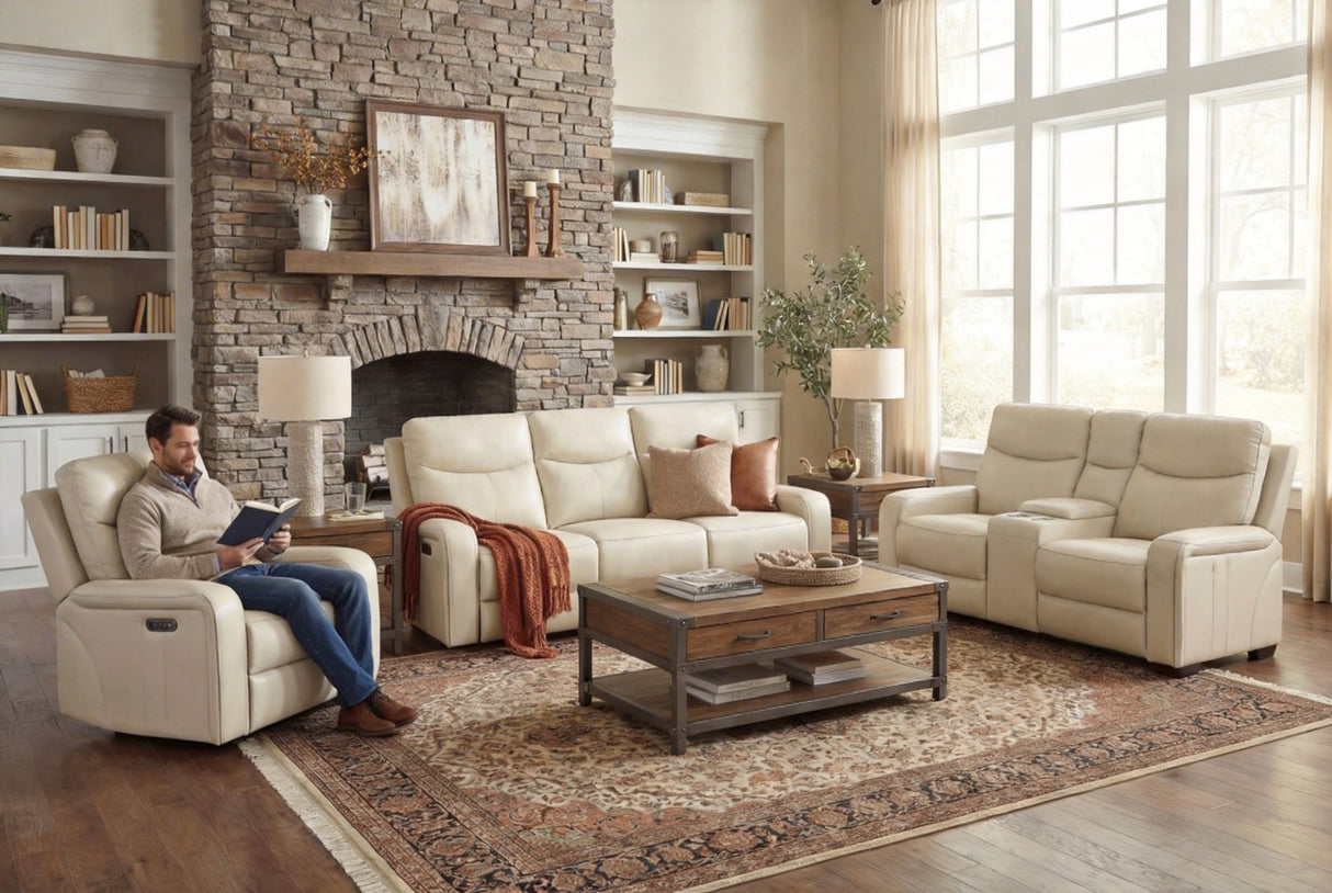 Modern Cream Top Grain Leather 3-Piece Living Room Set with Power Headrests