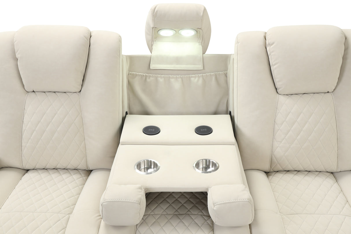 CinemaGlow 3-Piece Bone Air Leather Power Reclining Living Room Set with Bluetooth Speakers, Wireless Charging & LED Lights