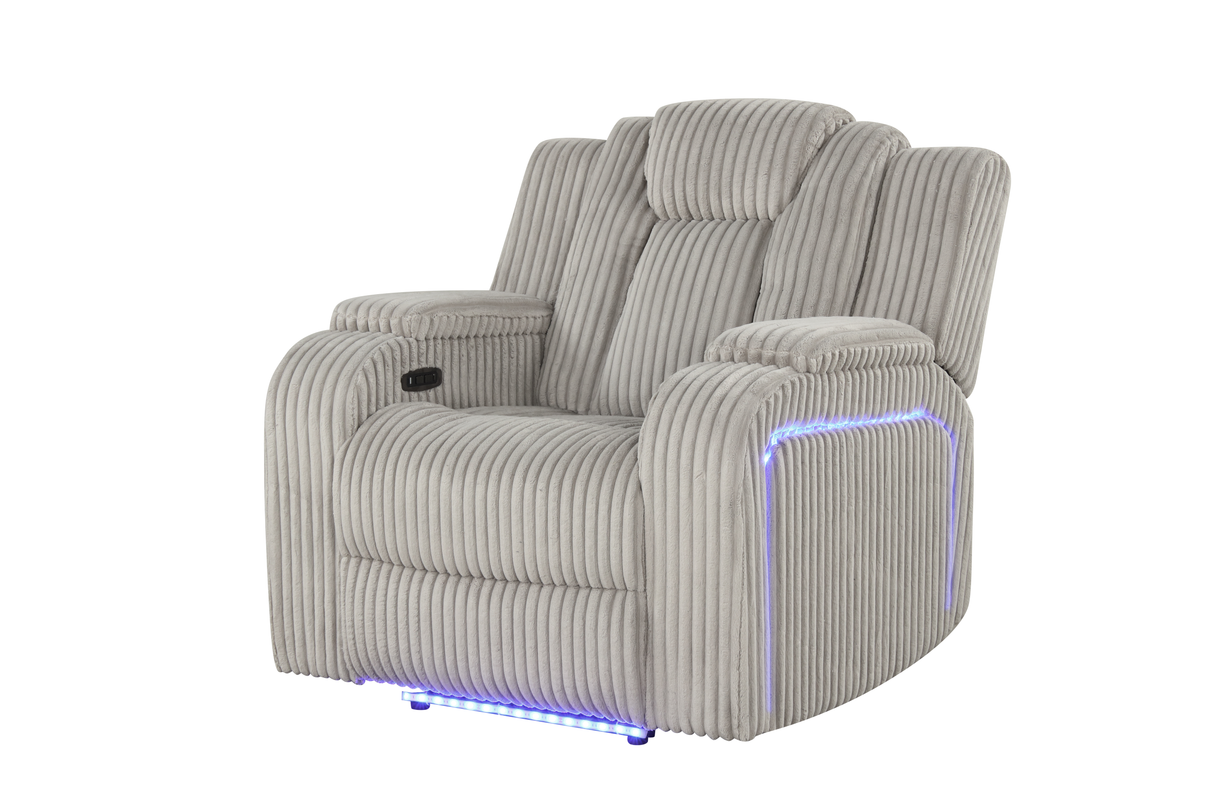 Light Grey Modern Corduroy 3-Piece Power Reclining Living Room Set with Power Headrests, LED Lights, Bluetooth Speakers, USB & Wireless Charging