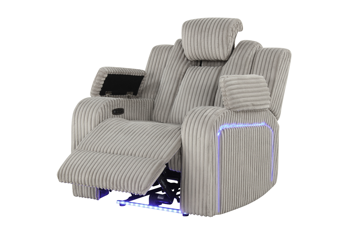 Light Grey Modern Corduroy 3-Piece Power Reclining Living Room Set with Power Headrests, LED Lights, Bluetooth Speakers, USB & Wireless Charging