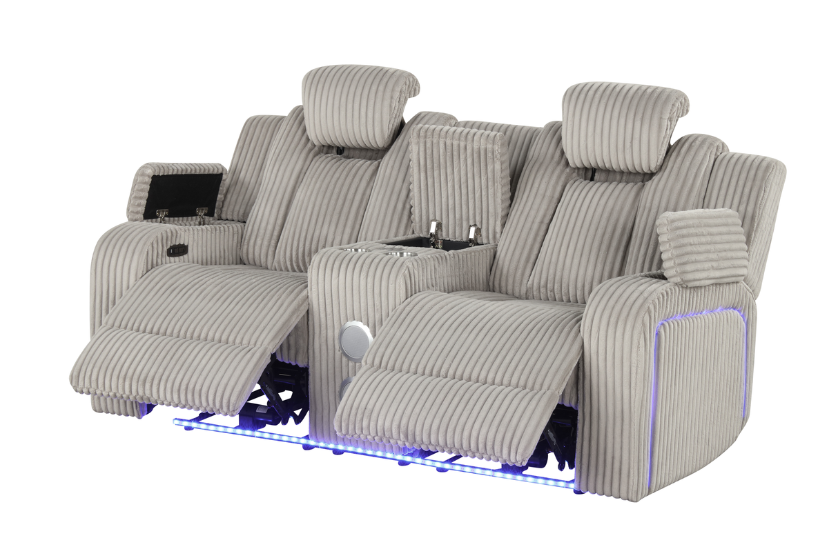 Light Grey Modern Corduroy 3-Piece Power Reclining Living Room Set with Power Headrests, LED Lights, Bluetooth Speakers, USB & Wireless Charging