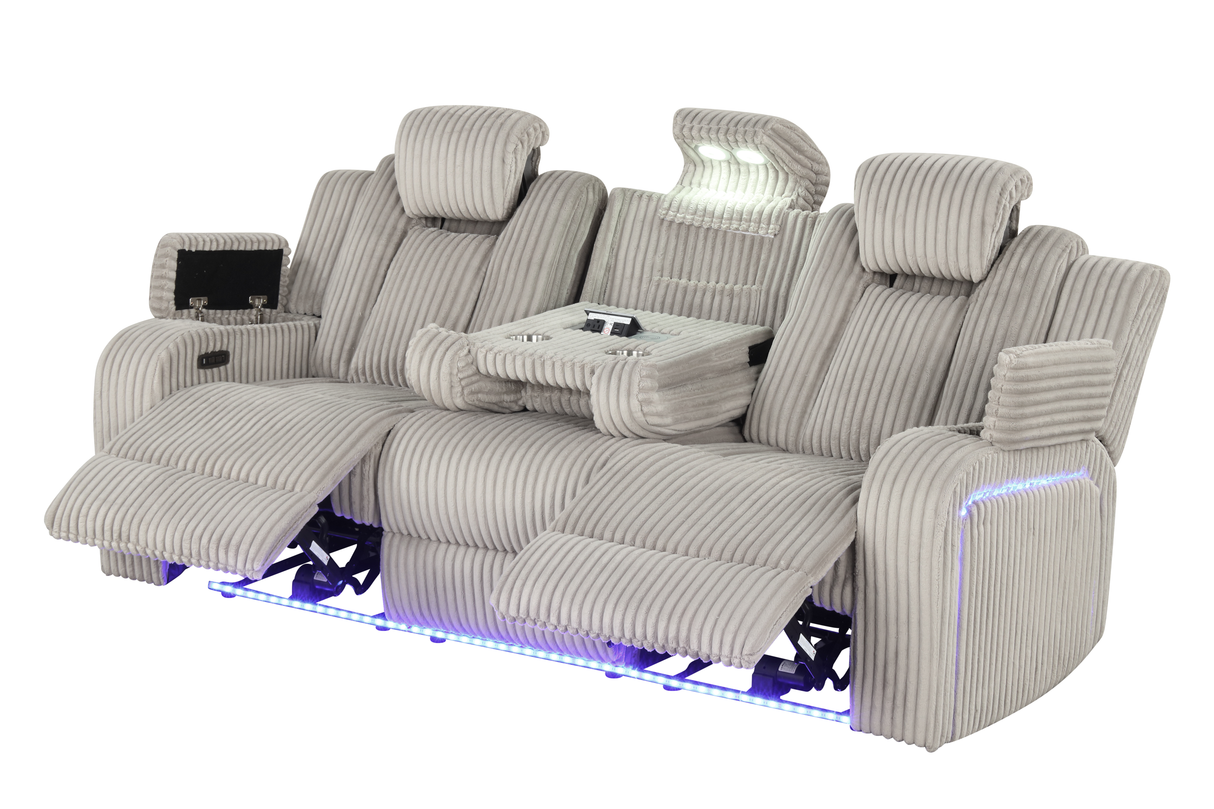 Light Grey Modern Corduroy 3-Piece Power Reclining Living Room Set with Power Headrests, LED Lights, Bluetooth Speakers, USB & Wireless Charging