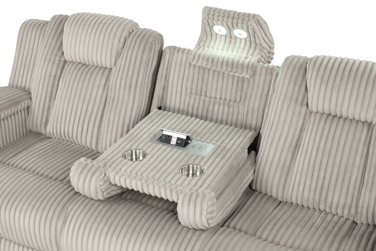 Light Grey Modern Corduroy 3-Piece Power Reclining Living Room Set with Power Headrests, LED Lights, Bluetooth Speakers, USB & Wireless Charging