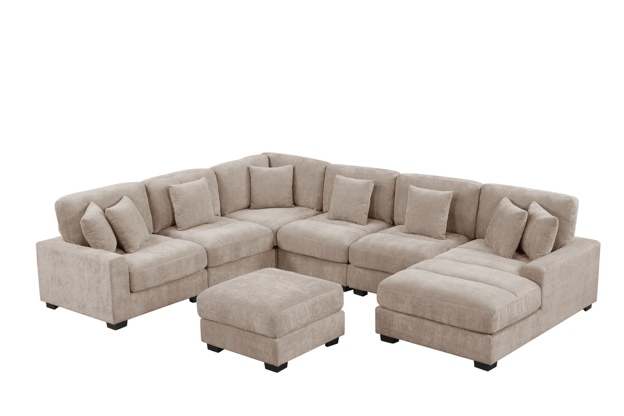 Beige Chenille 5-Piece Modular Sectional Sofa with Chaise & Ottoman