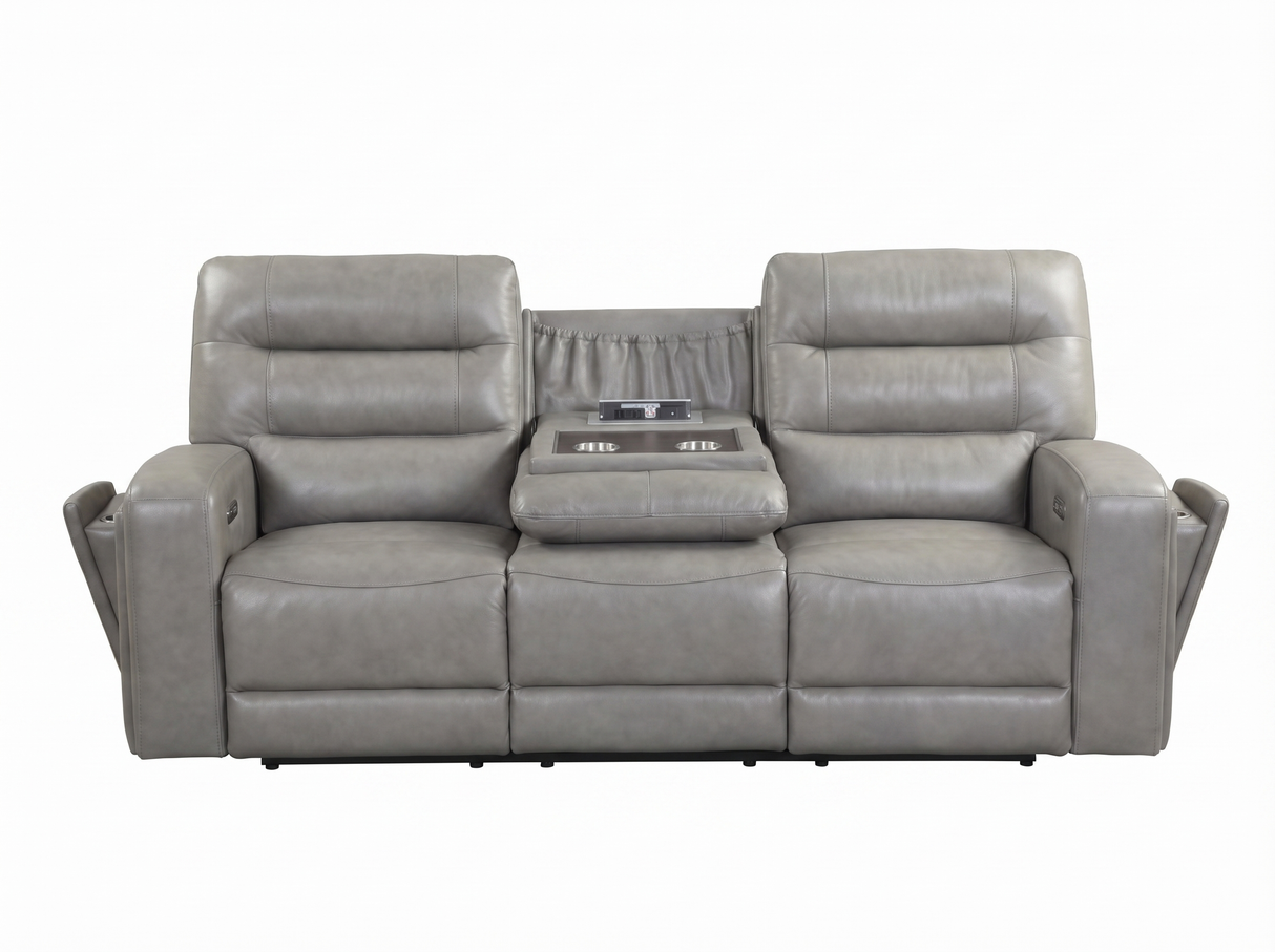 Modern Gray Top-Grain Leather 3-Piece Dual-Power Reclining Living Room Set