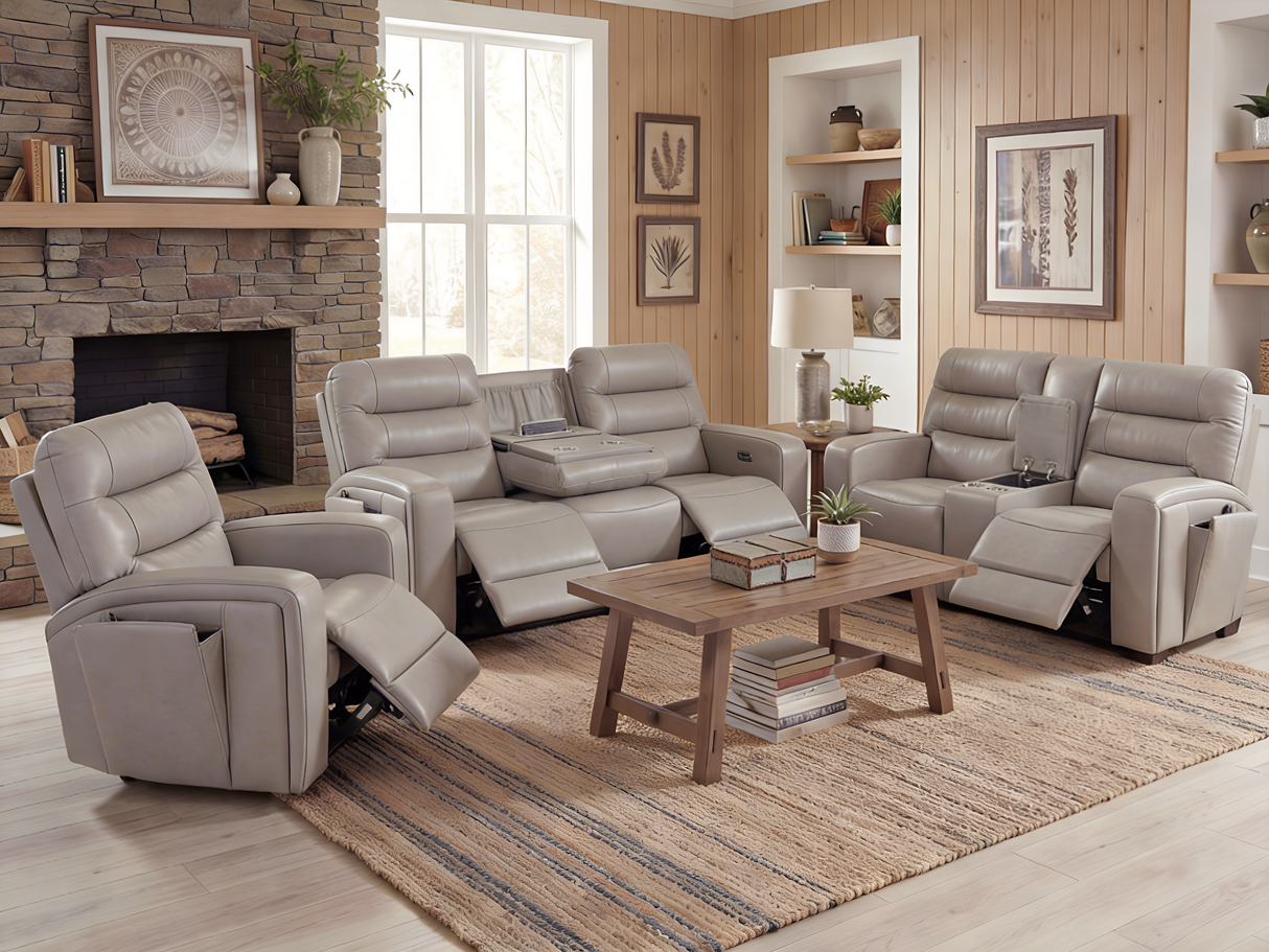 Modern Gray Top-Grain Leather 3-Piece Dual-Power Reclining Living Room Set