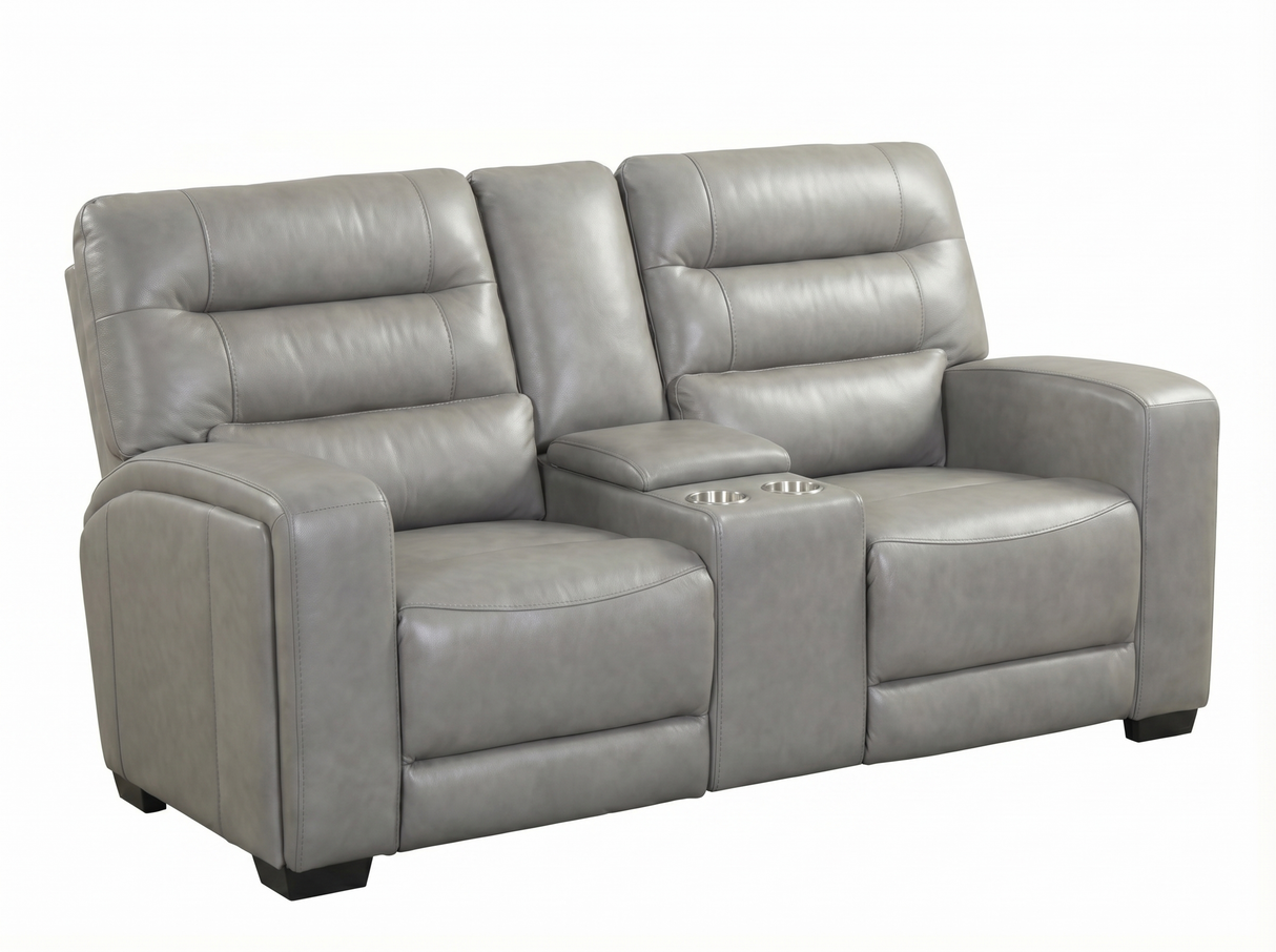 Modern Gray Top-Grain Leather 3-Piece Dual-Power Reclining Living Room Set