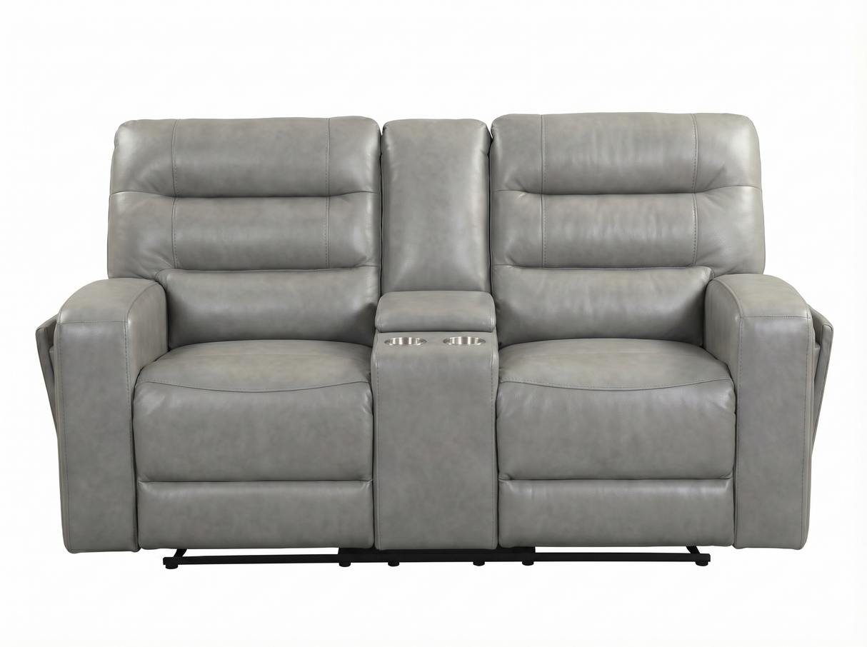 Modern Gray Top-Grain Leather 3-Piece Dual-Power Reclining Living Room Set