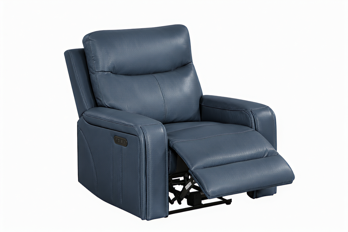 Blue Top-Grain Leather 3-Piece Power Reclining Living Room Set with Power Headrest