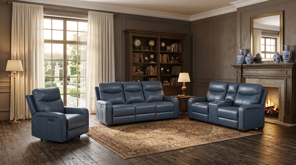 Blue Top-Grain Leather 3-Piece Power Reclining Living Room Set with Power Headrest